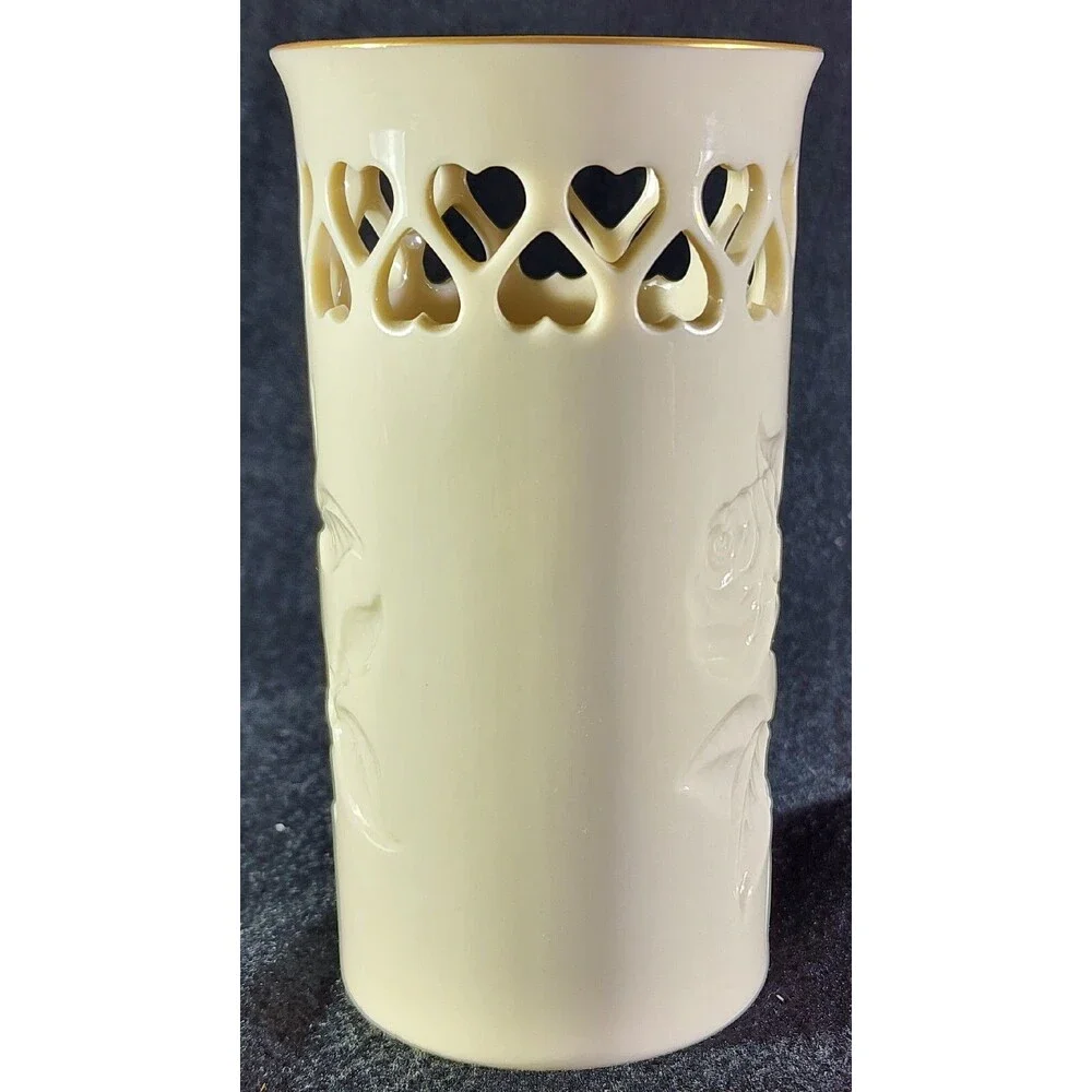 Vintage ~ Lenox Intaglio Rose Pierced Hearts Vase with Gold trim/stamp. Made USA